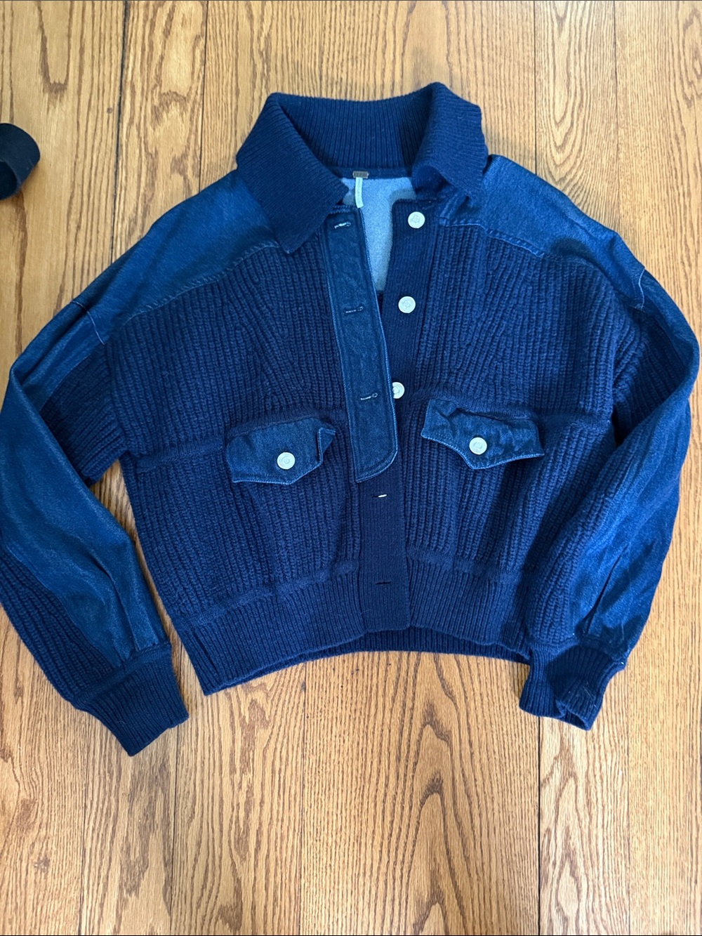 Collared Navy Ribbed Button-Front Women's Cardigan
